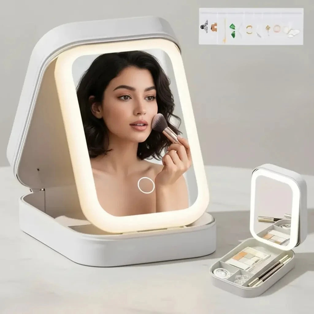 Lighted makeup mirror with a woman applying makeup, surrounded by cosmetic items on a light gray background.