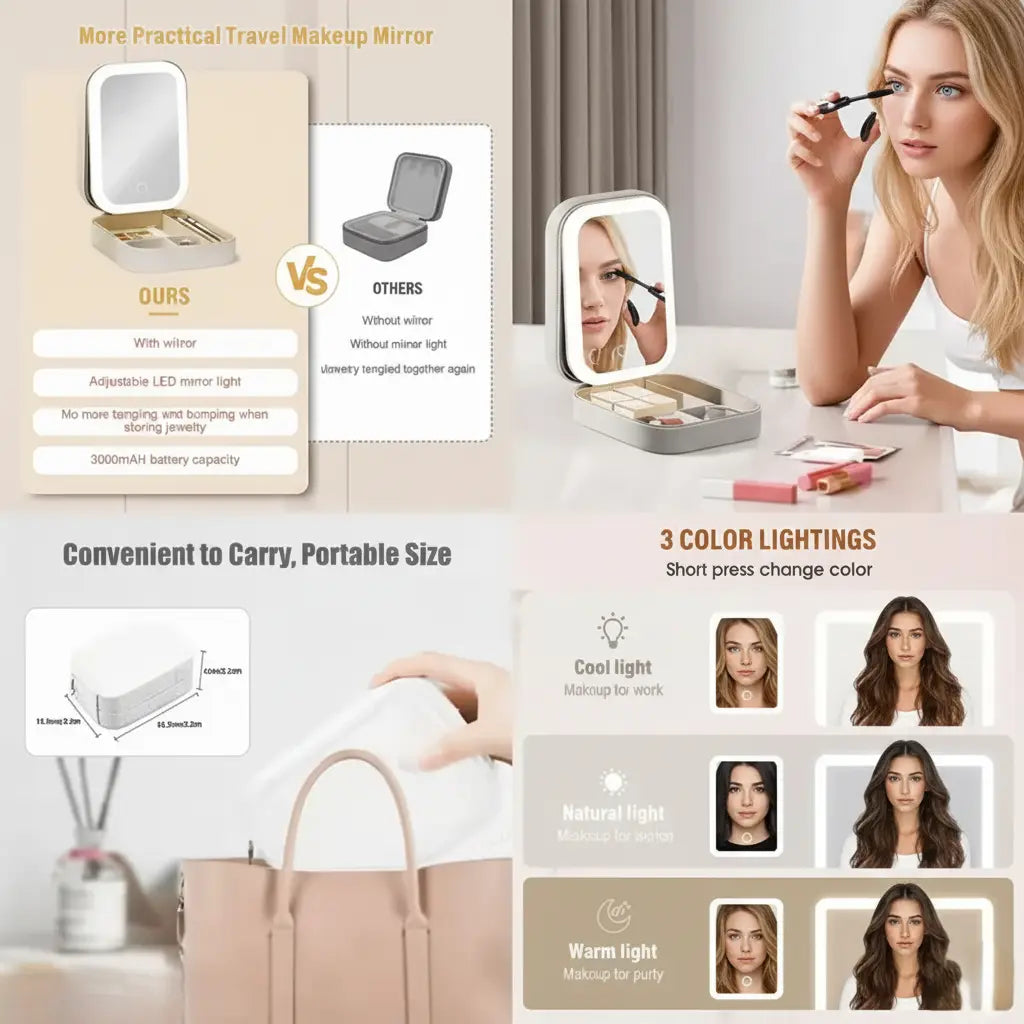 Travel makeup mirror with LED light, portable size, and color-changing feature.
